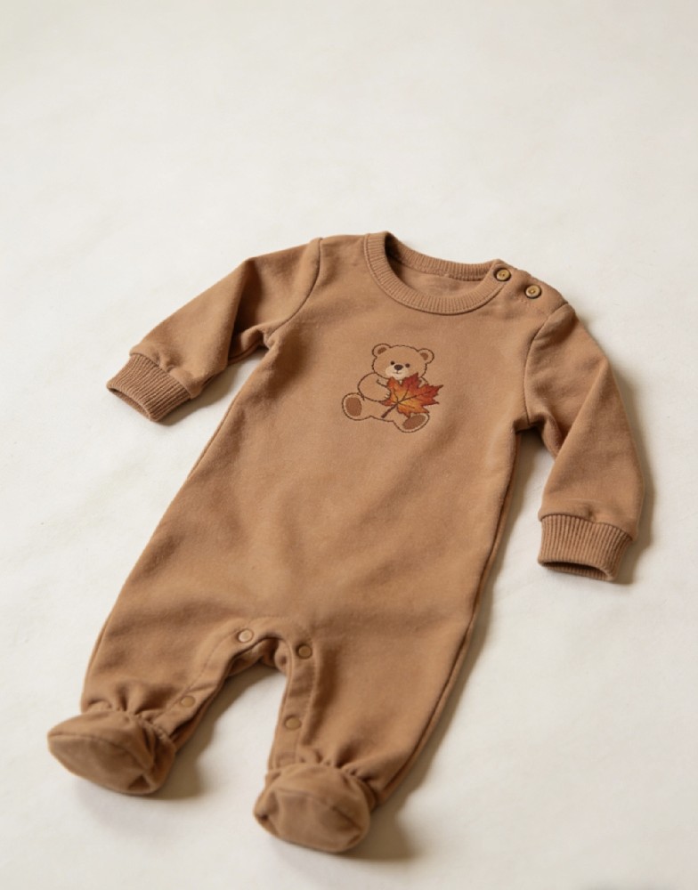 Organic Cotton Bear & Maple Leaf  Embroidered Romper